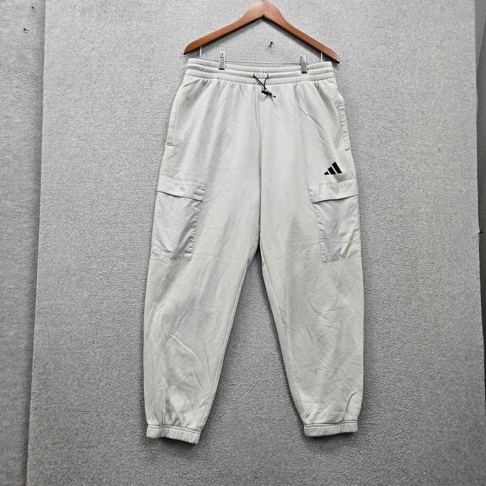 Adidas Men Activewear Pants 2XL Gray Jogger Cargo Pockets Logo 28" Inseam
